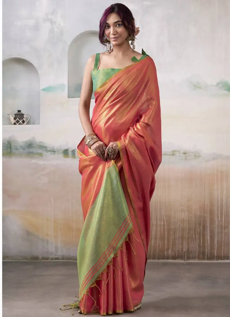 Salmon tissue silk with beautiful tussle festival wear saree