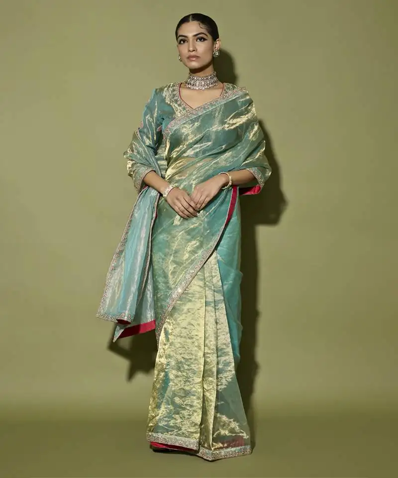 Turquoise printed tissue saree