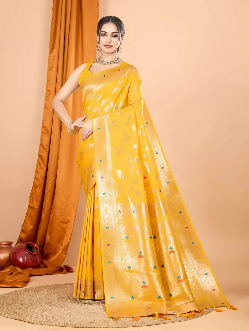 Yellow banarasi silk blend saree with woven jari designer work