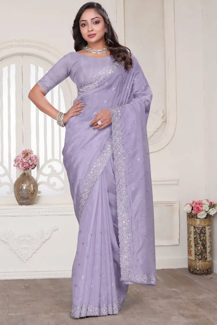Lavender sequin zarkan embroidered border saree with blouse piece