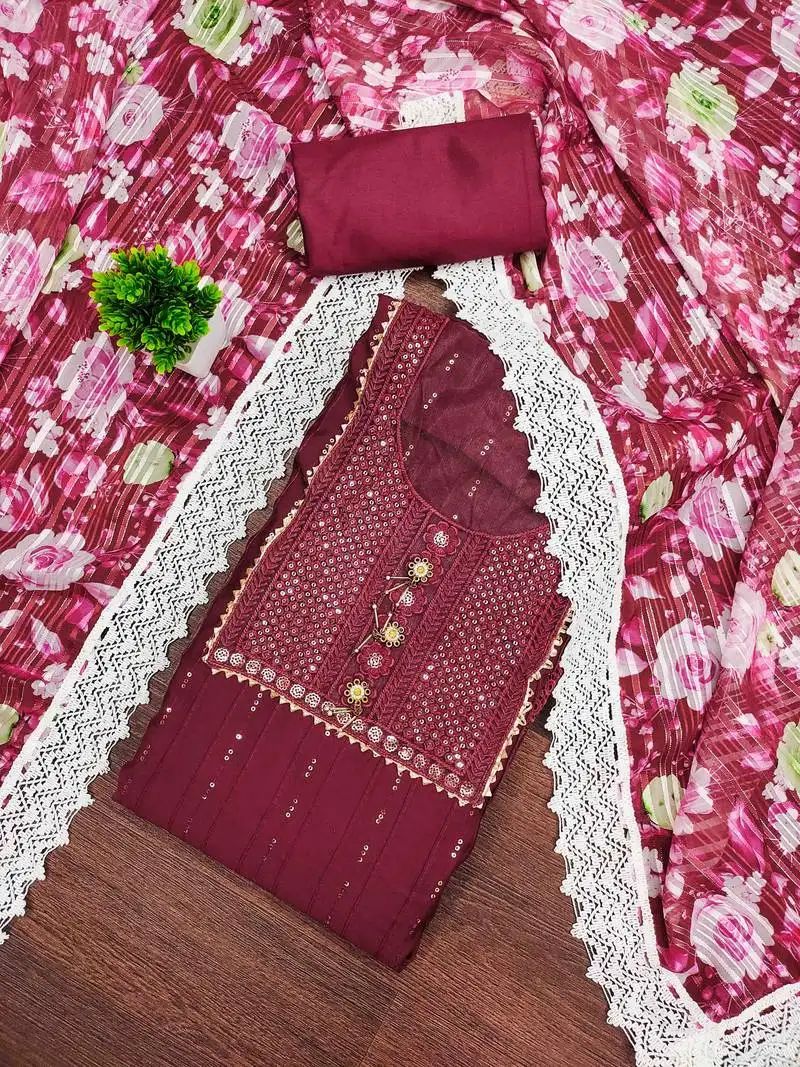 Women's maroon embroidered dress material unstitched