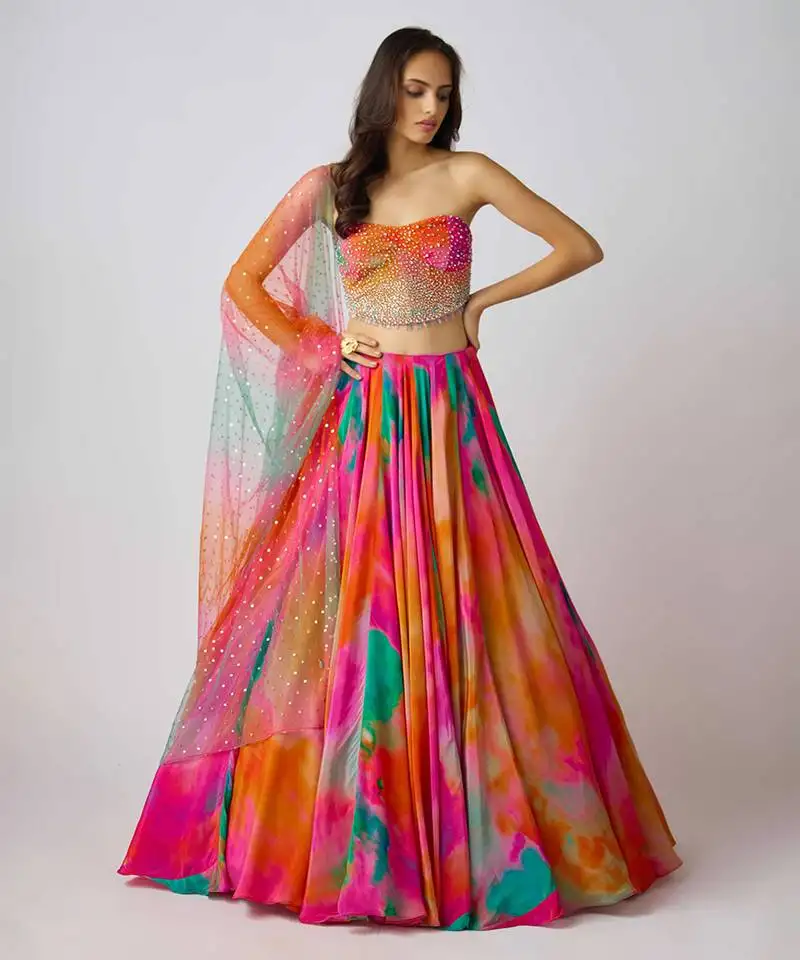 Multicolor printed crepe lehenga