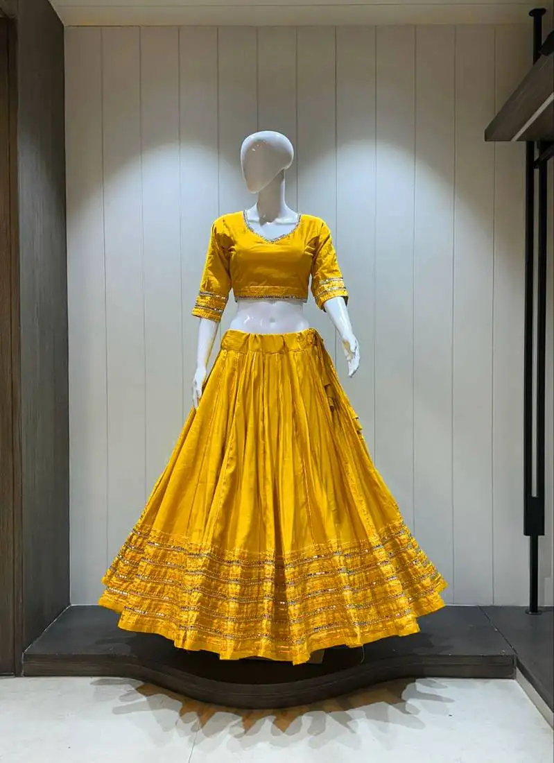 Traditional roman silk yellow gota lace lehenga choli