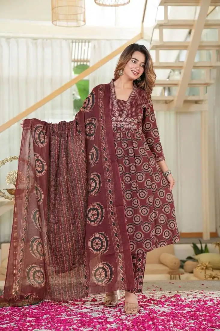 Cotton cambric semi-anarkali printed kurti-pant-dupatta set