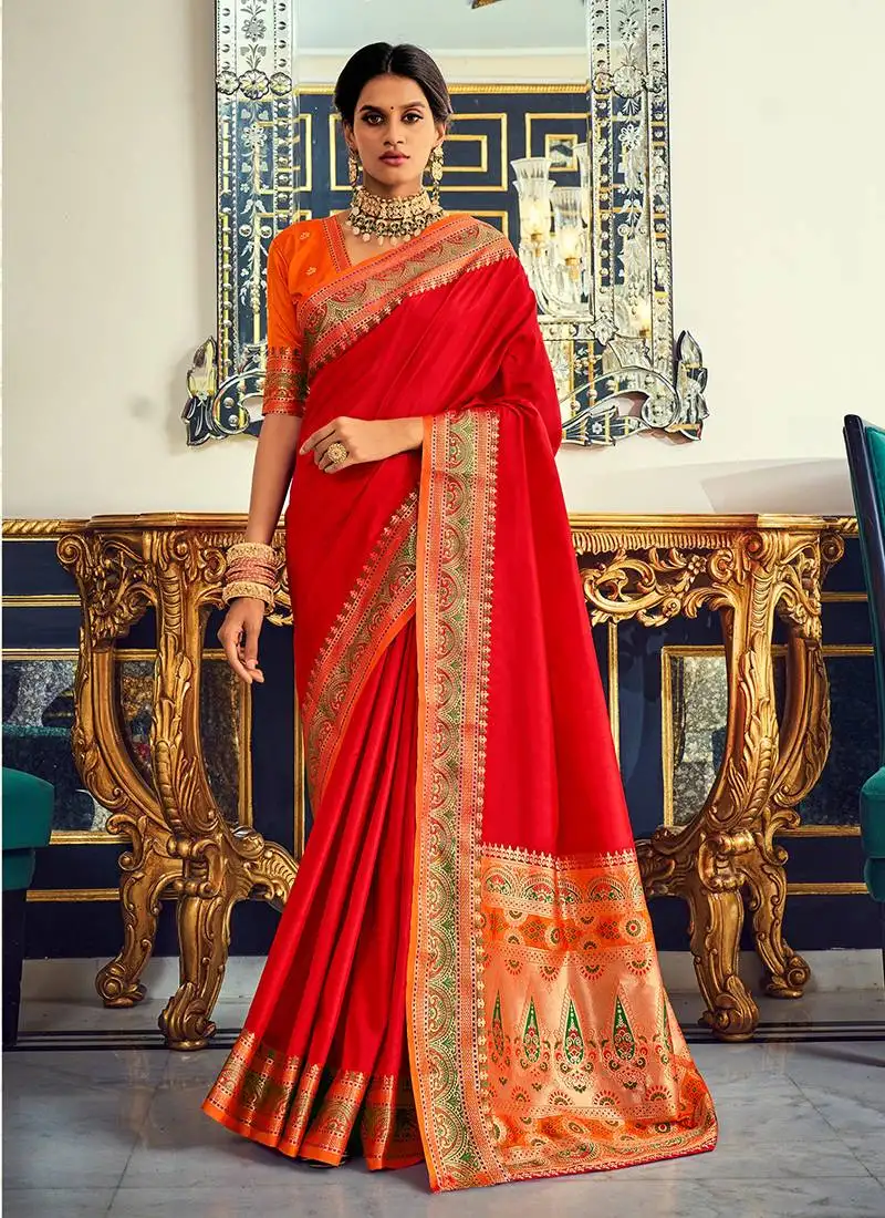 Dark red soft silk party wear designer saree