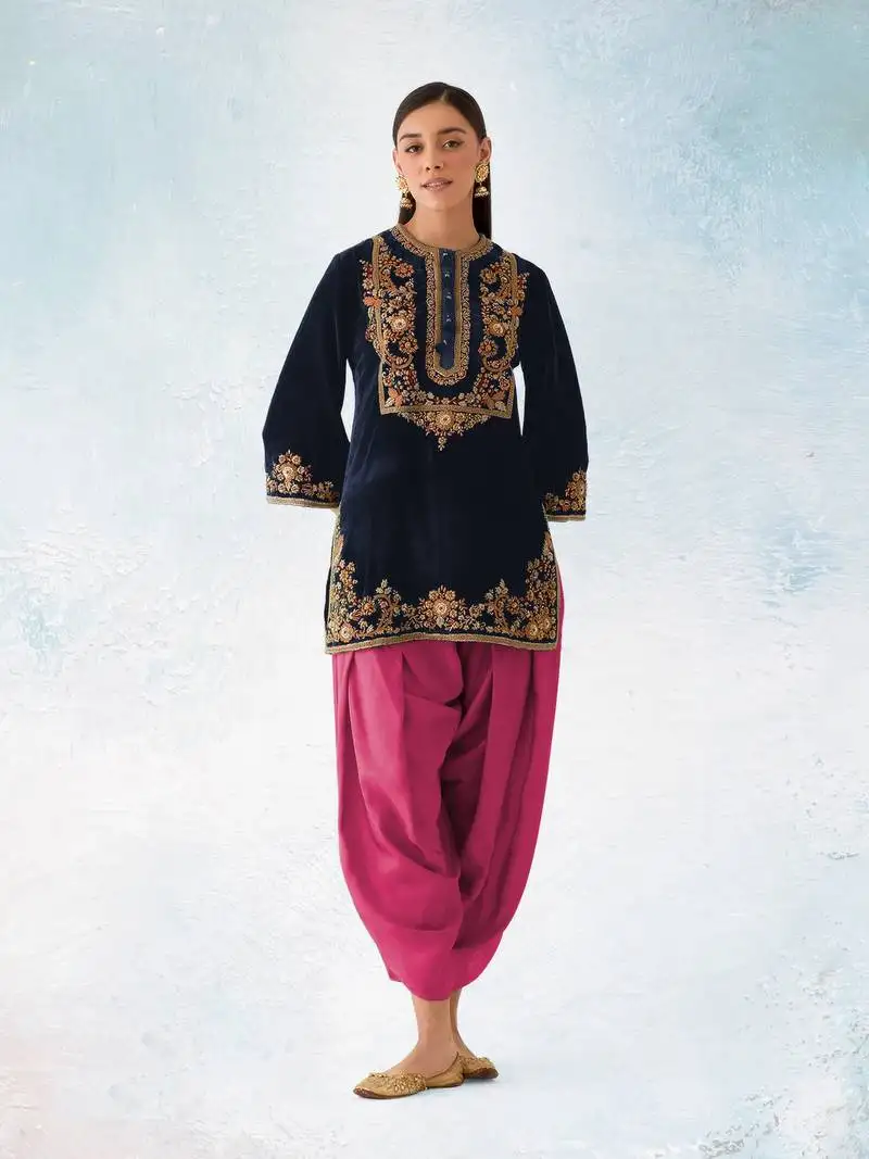 Blue embroidered velvet semi stitched patiyala suit