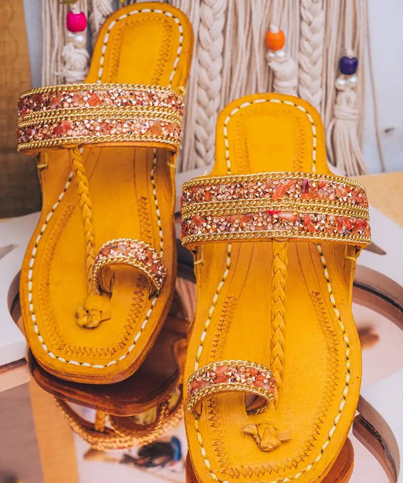Yellow printed leather kolhapuris