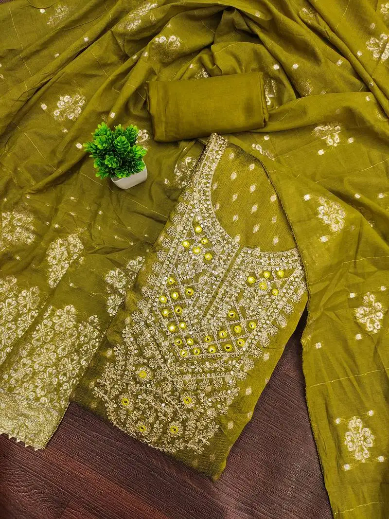 Women's mehandi unstitched weaving handwork simmar dress material (mt657mhd)