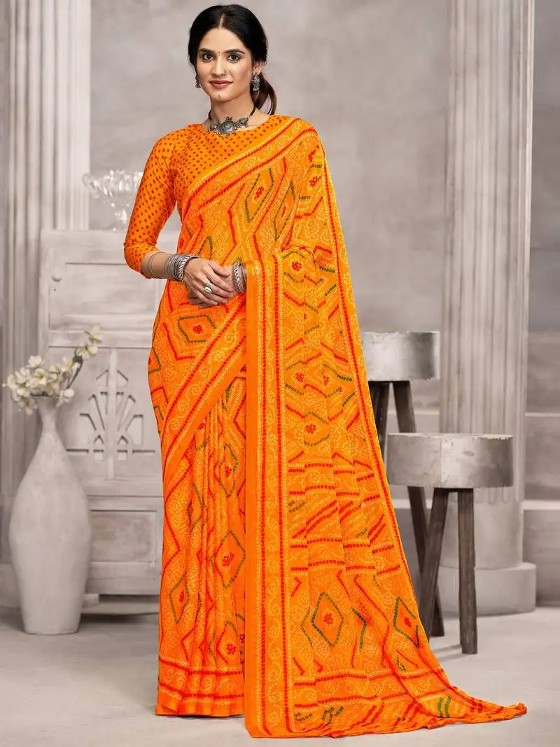 Yellow orangish bandhani printed chiffon saree with unstitched blouse, ethnic indian attire