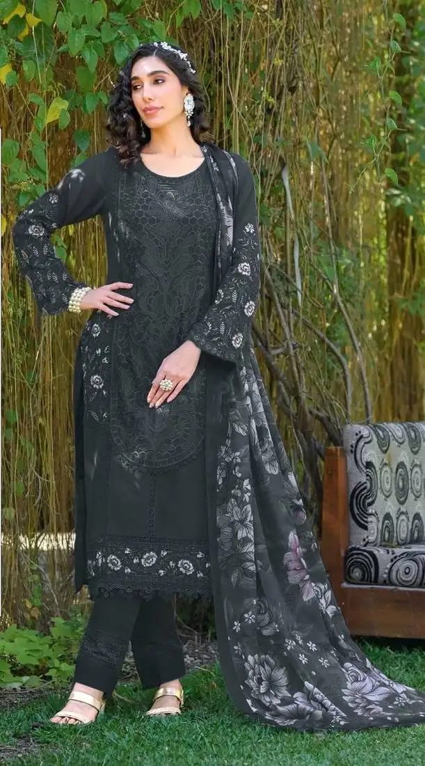 Black embroidered sequence work heavy fox georgette unstitched suit