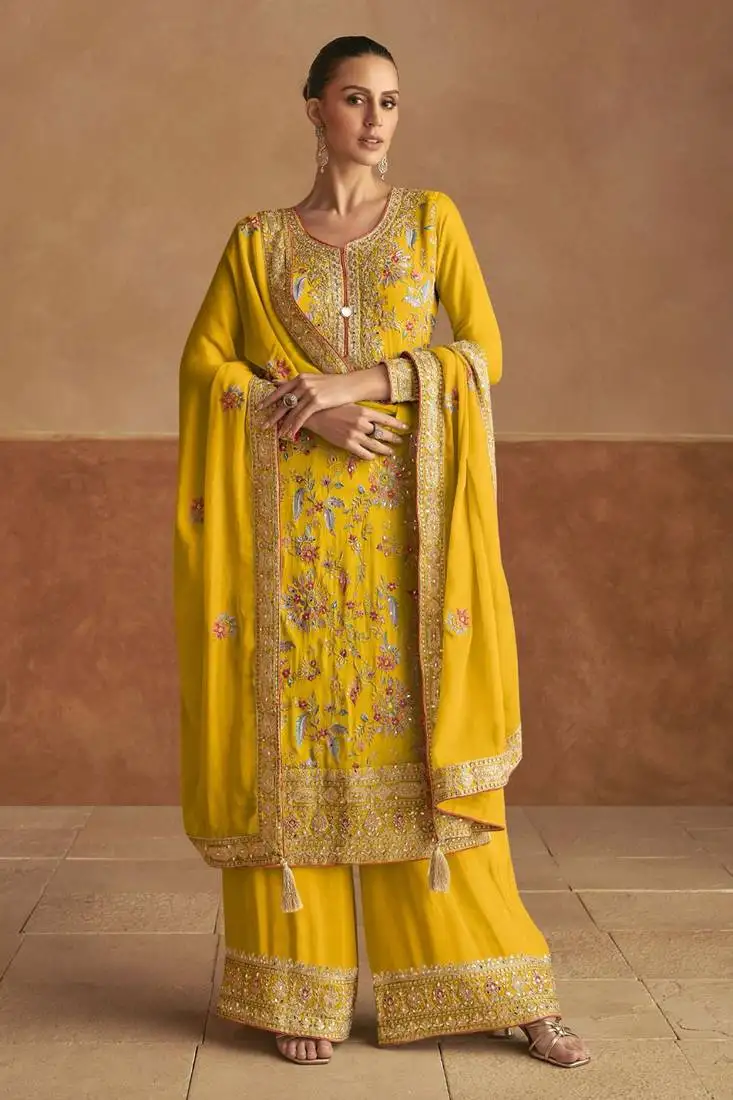 Yellow embroidery, thread & sequins work chinon straight palazzo suit - free size stitching (size upto 42") stitched