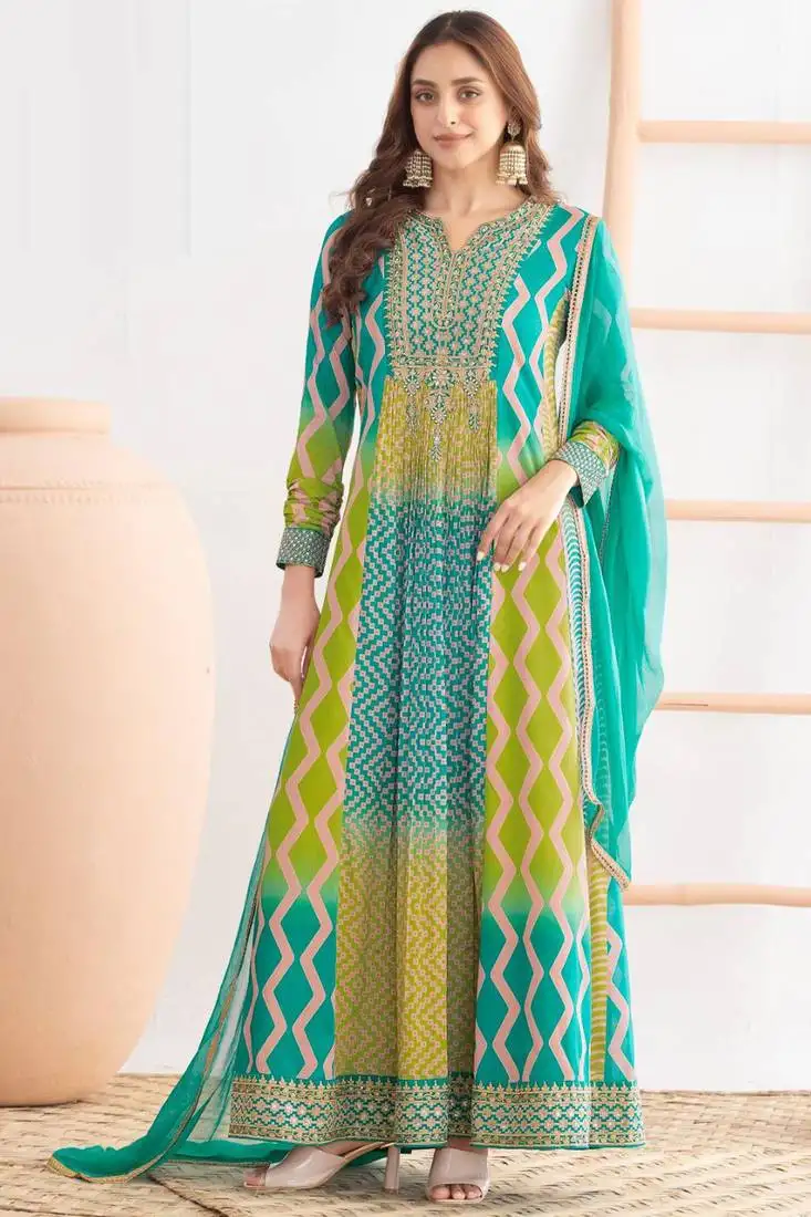 Blue & lime green dabka dori & resham digital print work chinnon anarkali suit - free size stitching (size upto 42") stitched