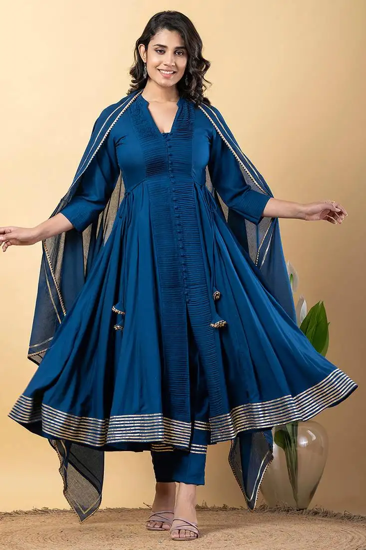 Blue gotta patti rayon stiched anarkali style pant with kurta set stitched