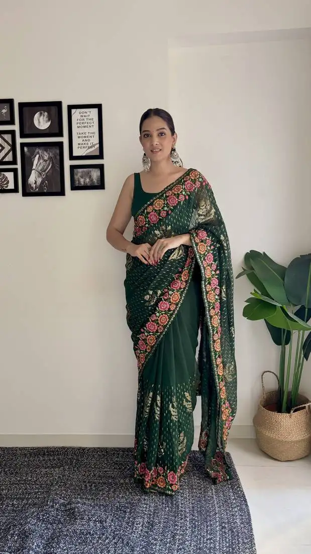 Green thread sequince embroidery work georgette saree with blouse piece