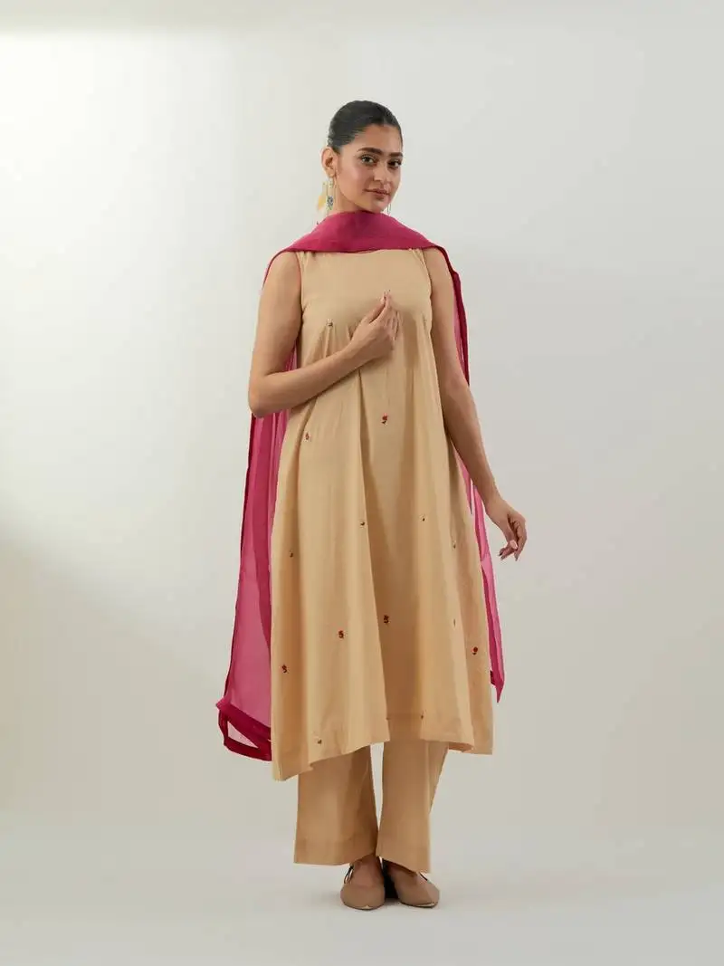 Beige plain cotton kurta set