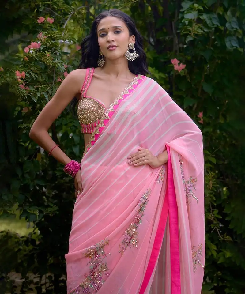 Baby pink embroidered georgette saree