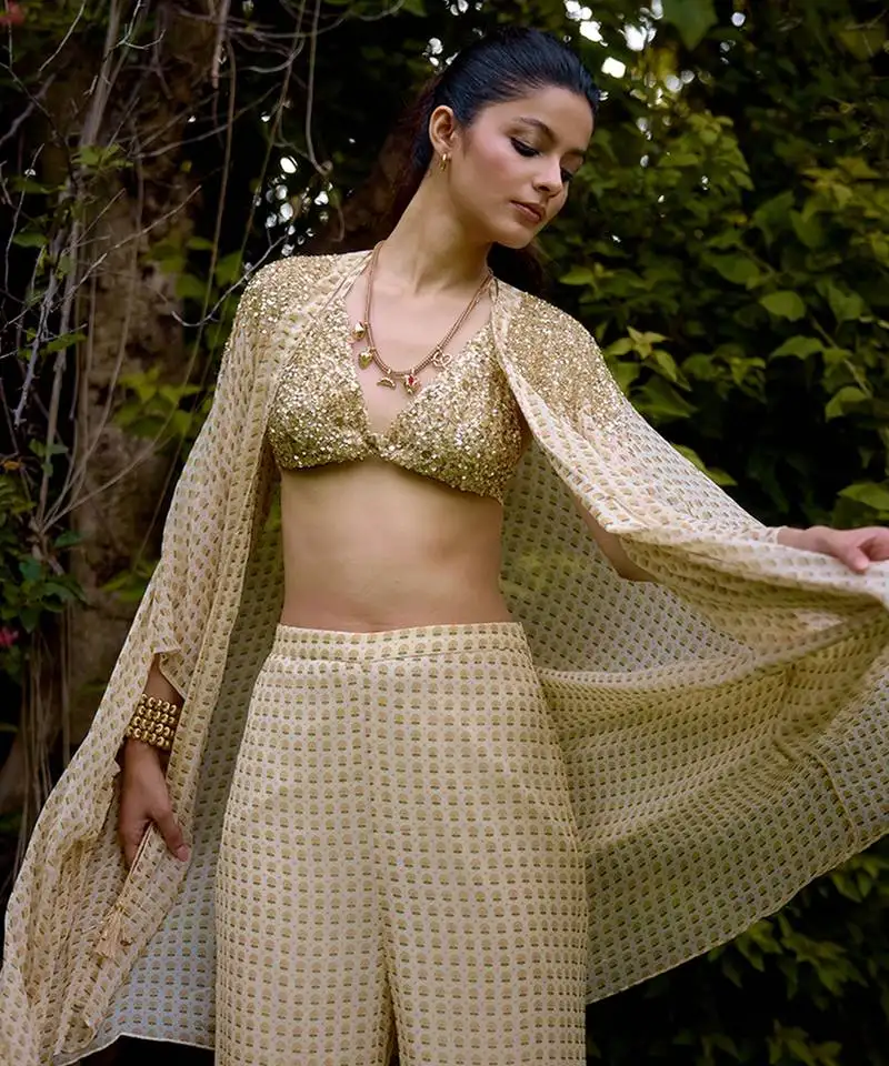 Cream printed silk cape set