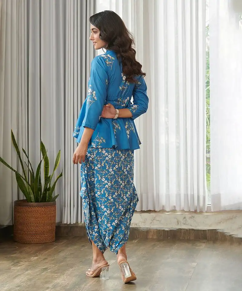 Blue floral printed cotton dhoti jumpsuit