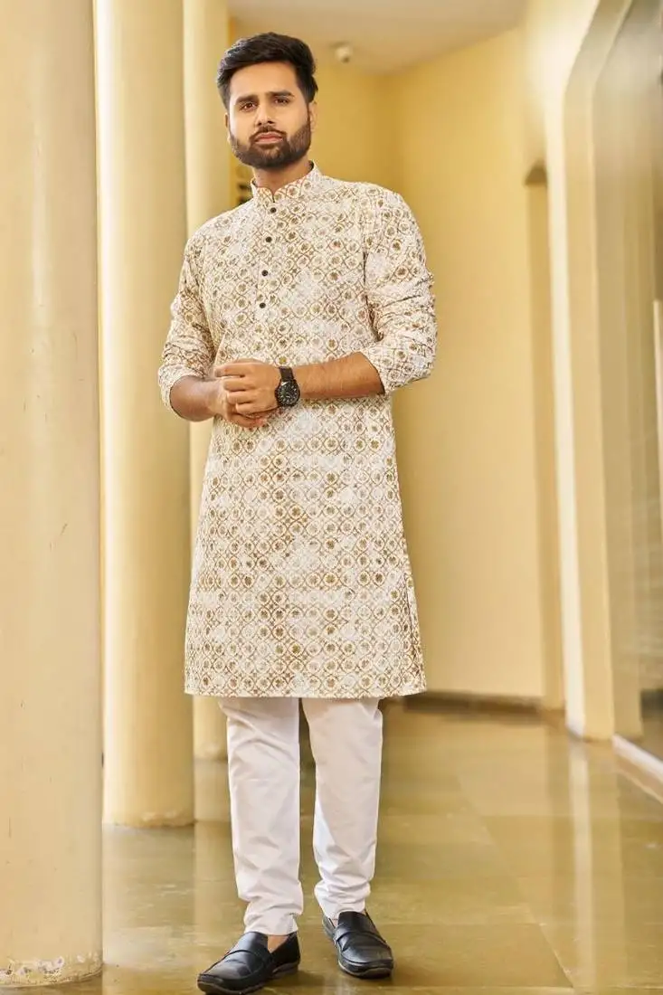 Cream golden schiffli chikan sequence work rayon kurta with cotton pajama