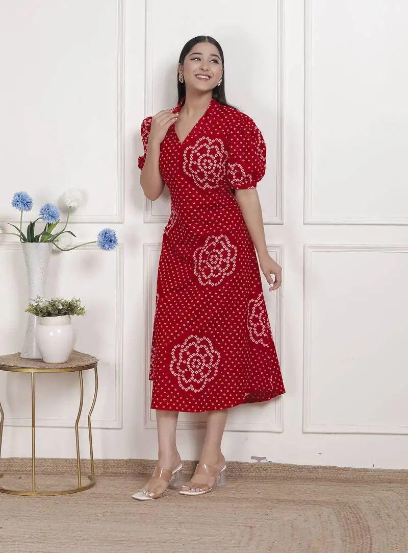 Doriyaan womens red bandhani printed collar neck maxi dress