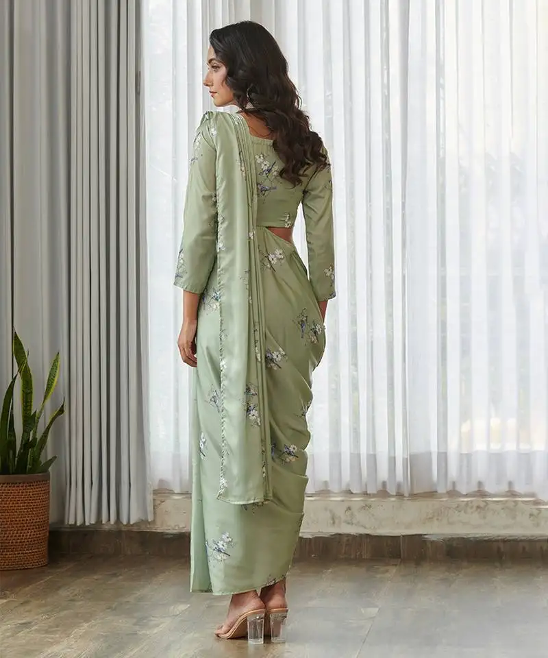Mint green floral printed semi saree with dhoti pants