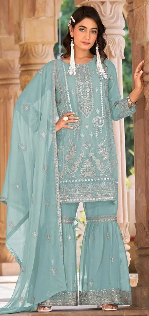 Sky embroidered organza semi-stitched palazzo style salwar suit semi stitched