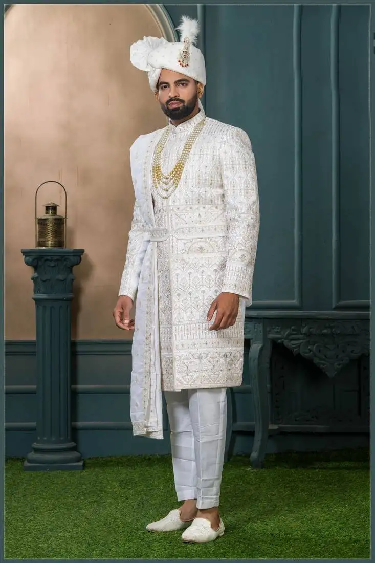 Off white silk embroidered sherwani for mens