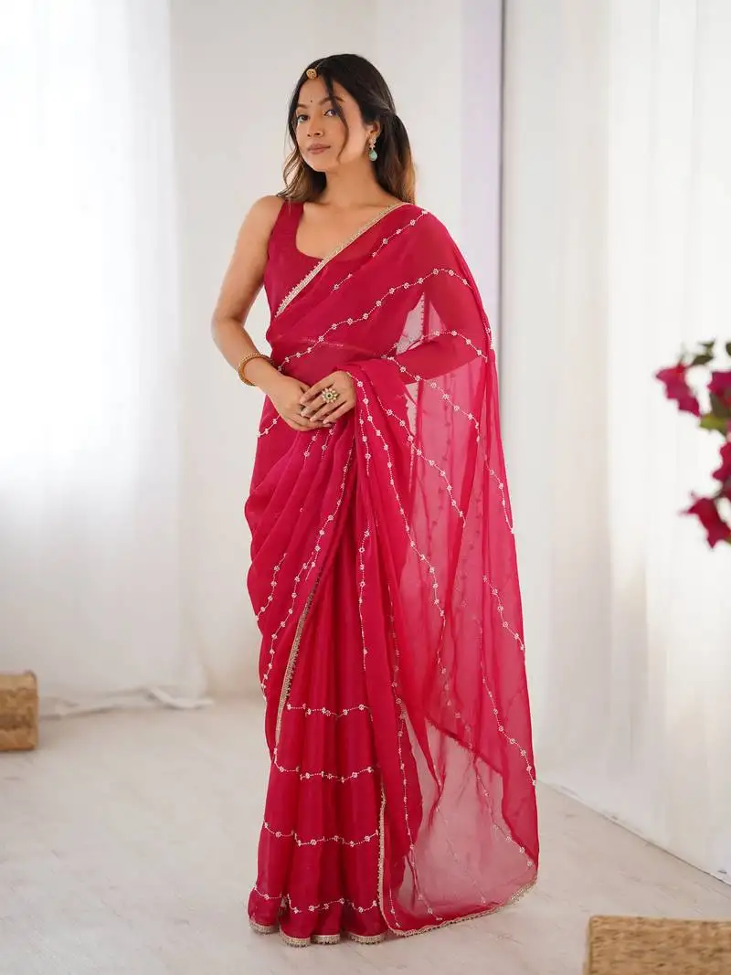 Pink color beads work celebrity style saree with blouse