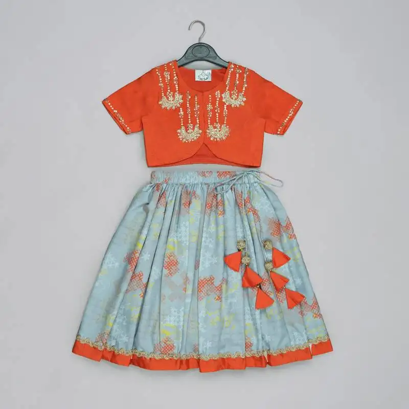 Orange hand embroidered blouse with grey geometrical printed ghagara set for girls
