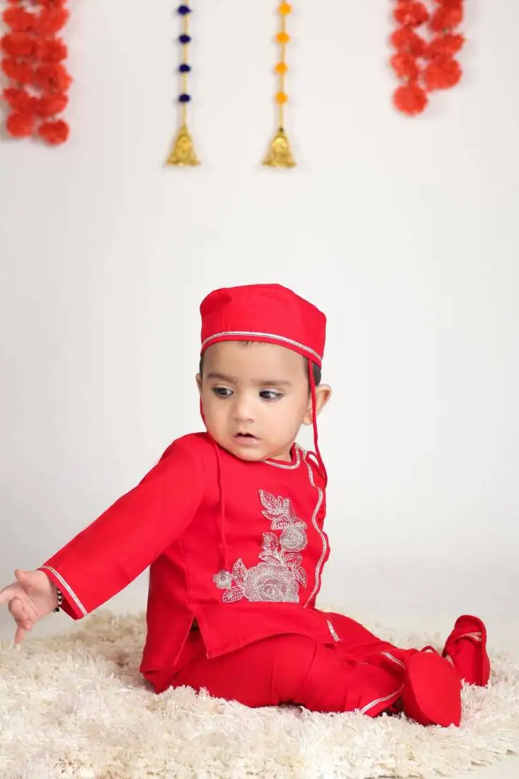 Boy red flower embroidery with dhoti set