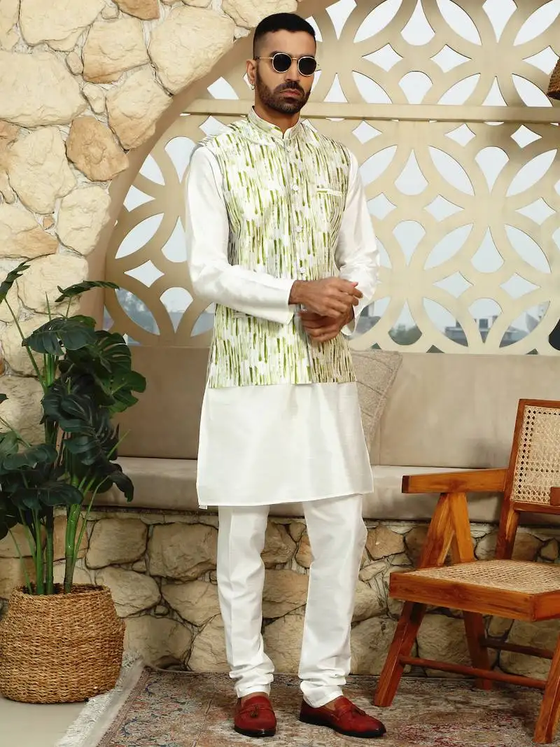 Silk blend tie-dye printed green nehru jacket