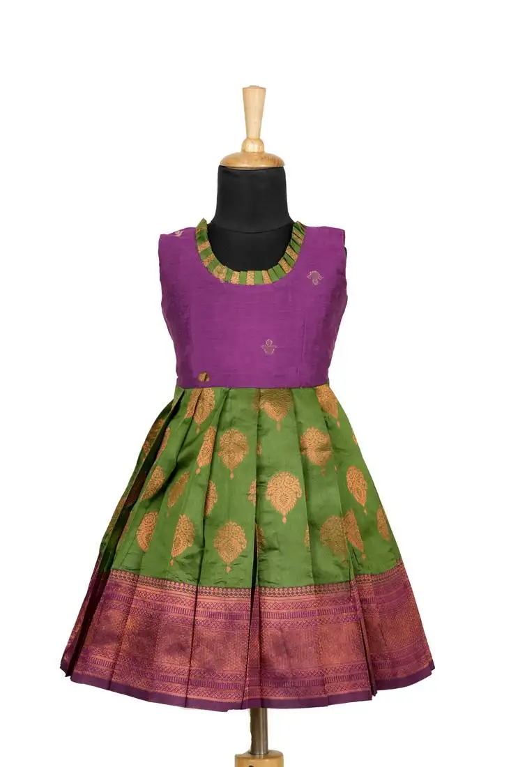 Kids green copper pendant pattu pavadai frocks