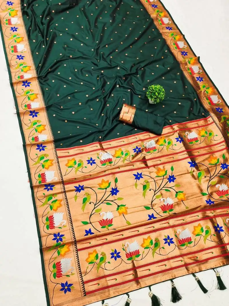 Green banarasi silk blend saree with paithani weaved pallu and blouse