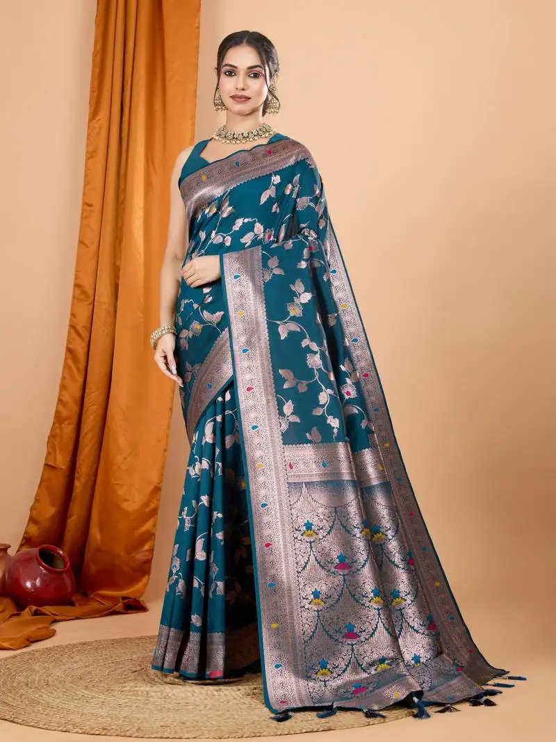 Teal banarasi silk blend saree with woven jari designer work
