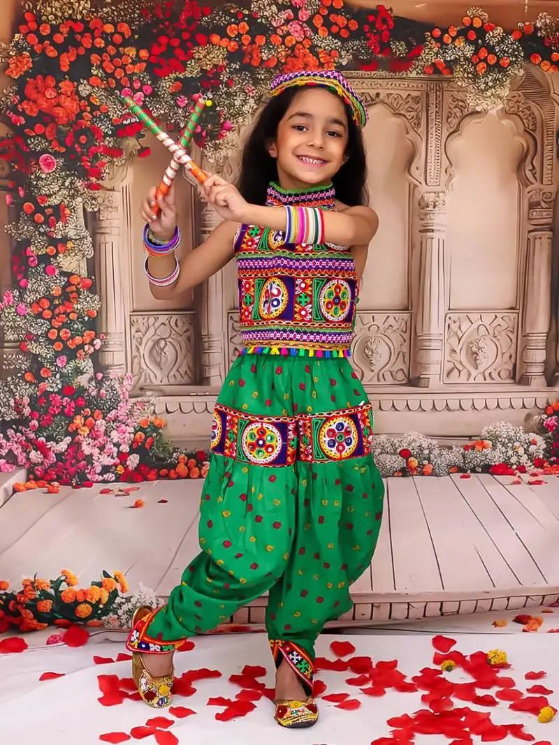 Green embroidered cotton top & dhoti with cap set for girls