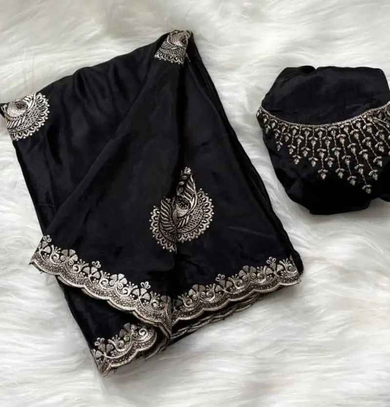 Black heavy zari work chinon silk saree with fancy blouse