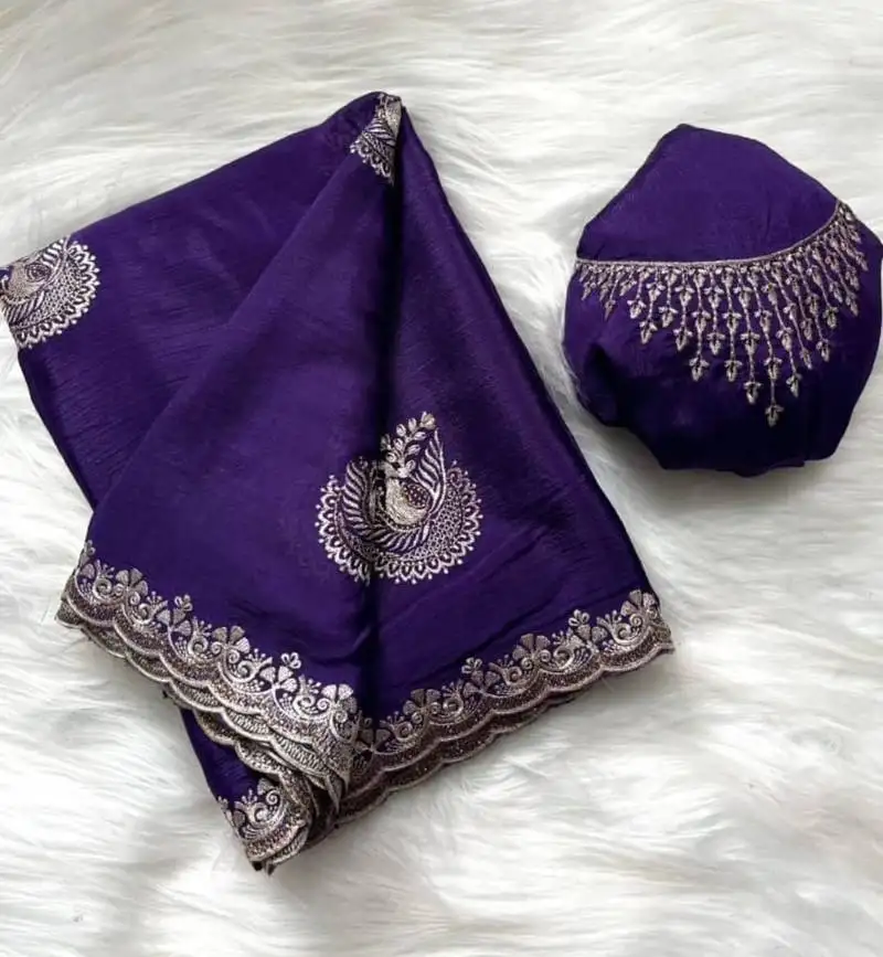 Purple heavy zari work chinon silk saree with fancy blouse