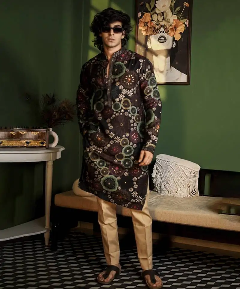 Black cotton printed kurta pajama