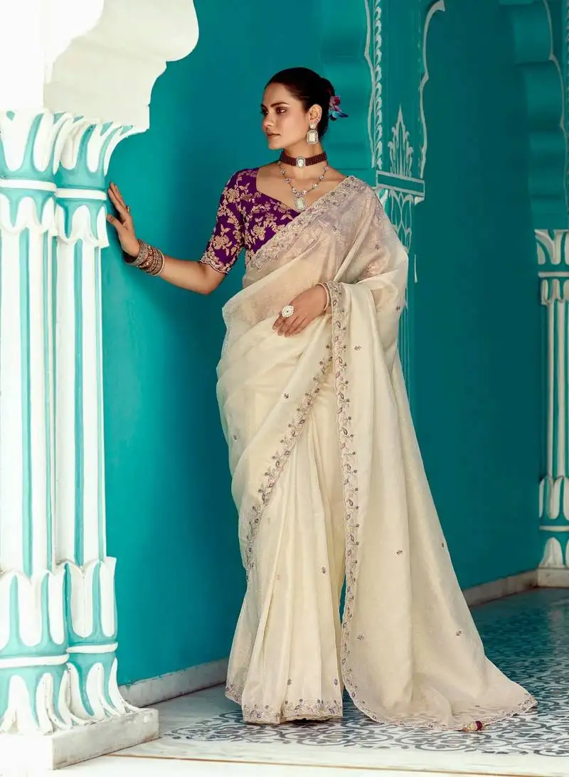 Beige embroidered saree with jacquard work blouse piece