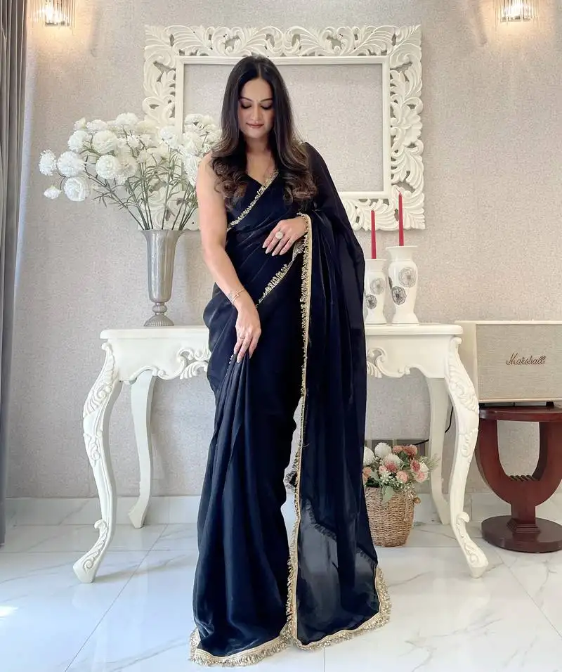 Black ready to wear fendy satin saree designed with lace border