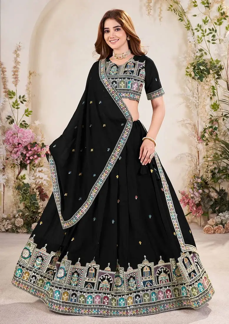 Glamorous black sequins embroidered georgette indian designer wedding wear lehenga dress