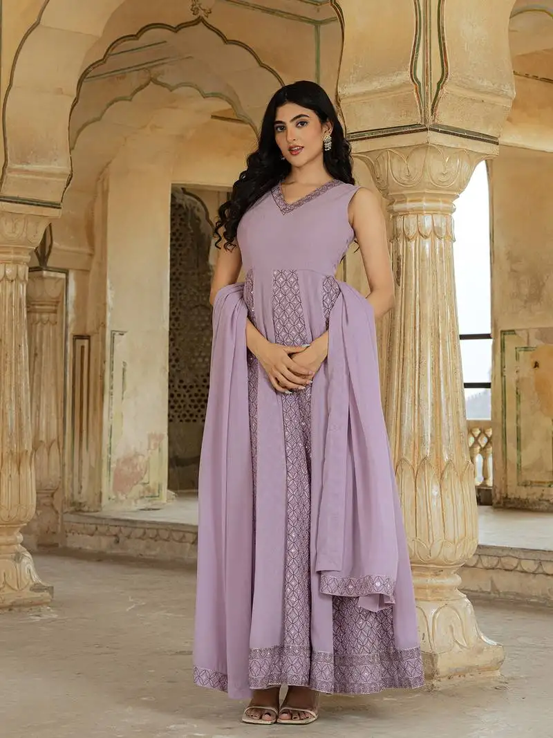 Avender georgette embroidered gown with flowing dupatta for festive glamour stitched
