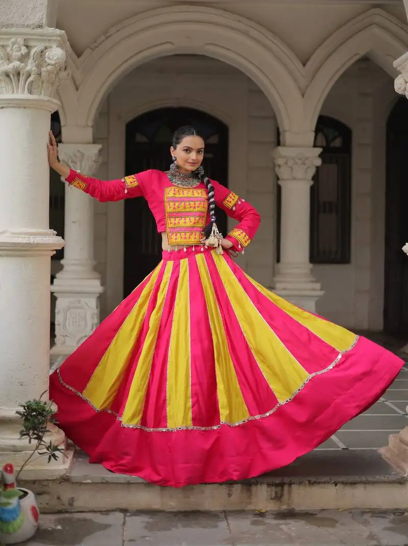 Pink yellow thread mirror embroidered roman silk stitched lehenga choli