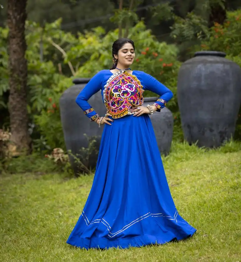 Royal-blue plain with work on border navratri lehenga choli with fully stitched blouse