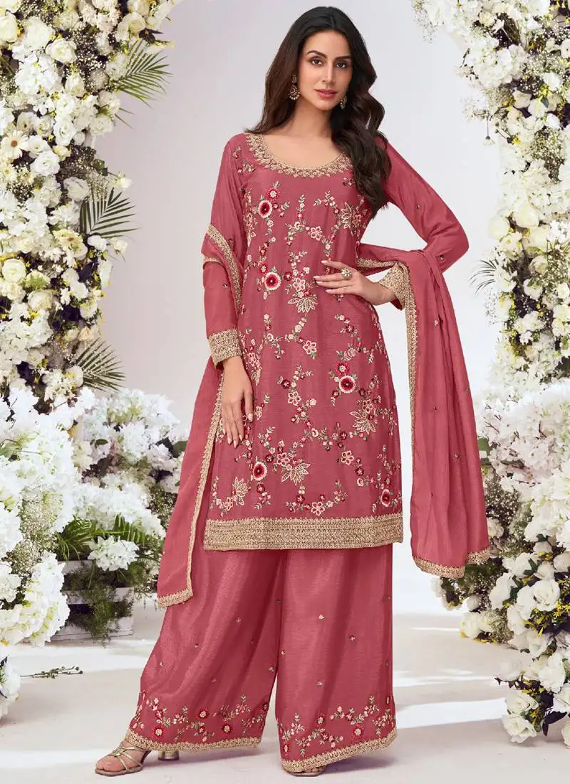Peach chinon silk embroidered palazzo suit stitched
