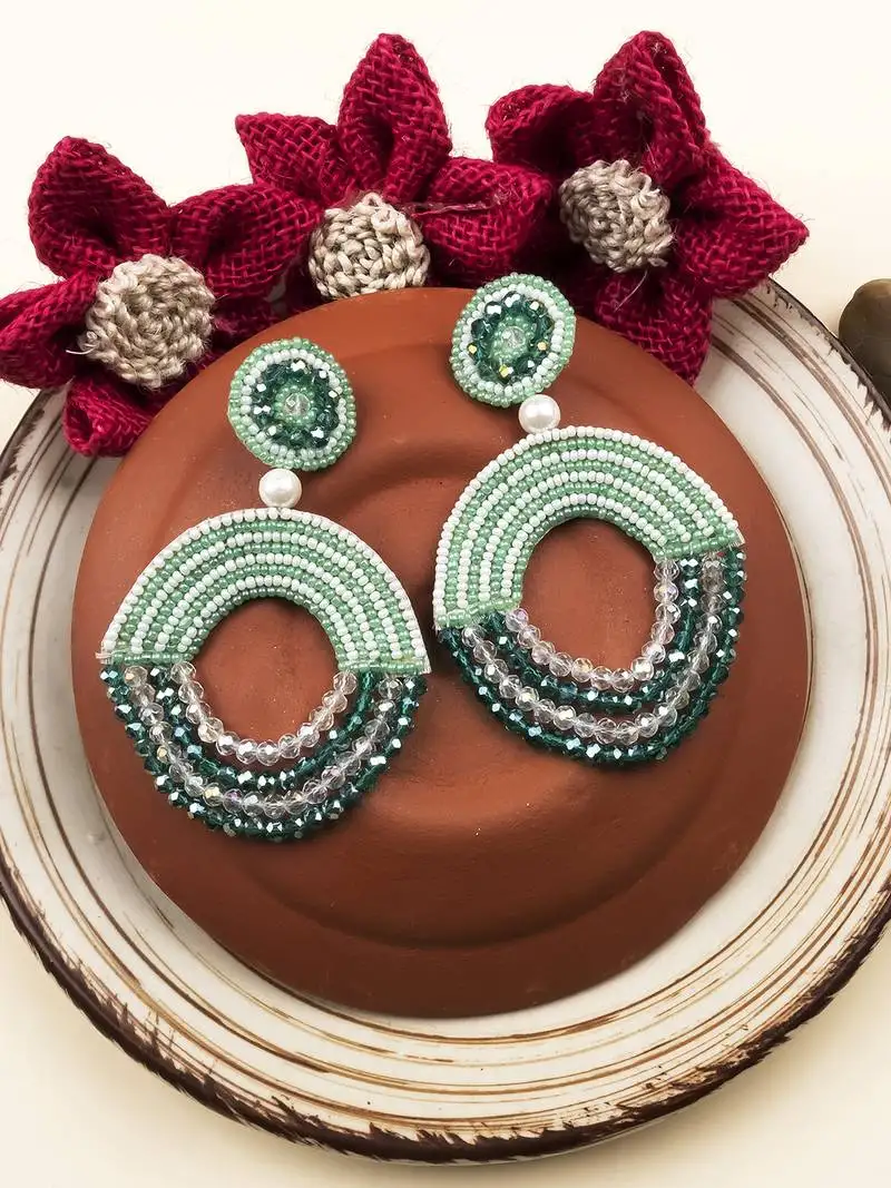 Handmade green half moon pearl earrings