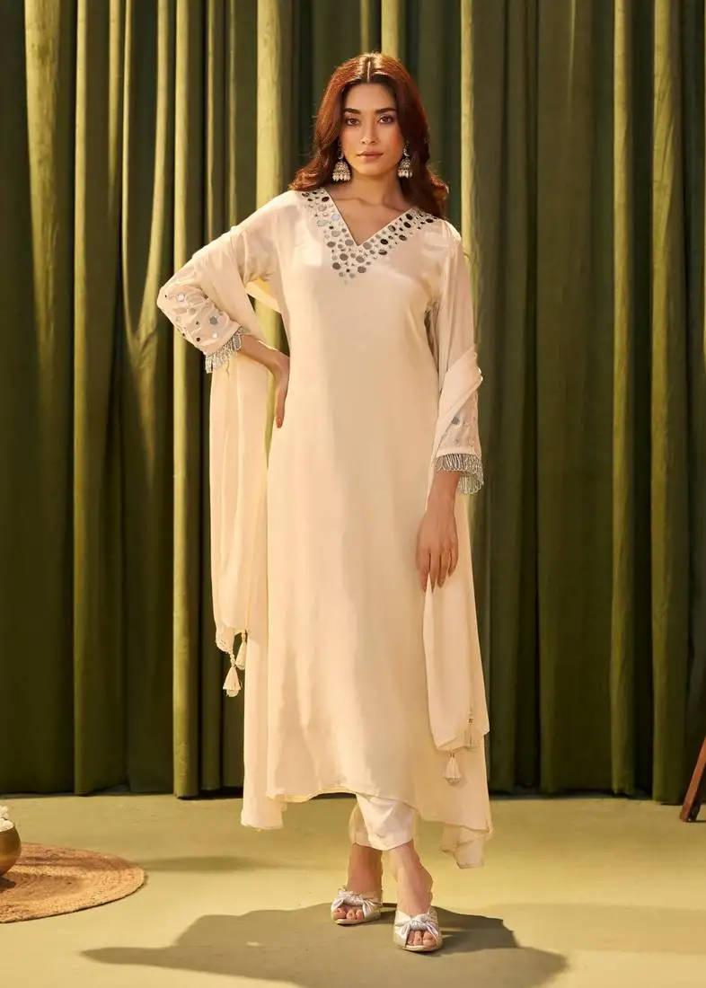Albeli pearl beige embroidered crepe kurta sets