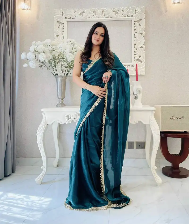 Teal ready to wear fendy satin saree designed with lace border