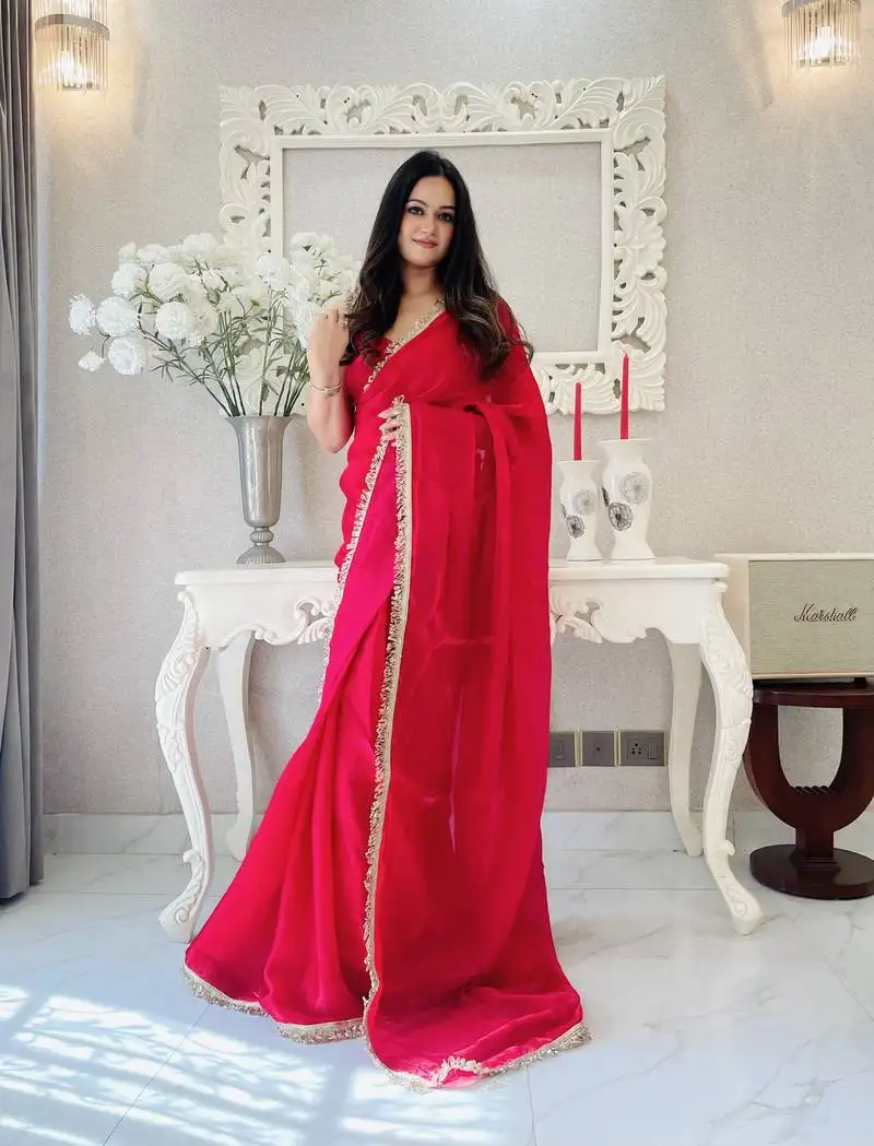 Red ready to wear fendy satin saree designed with lace border
