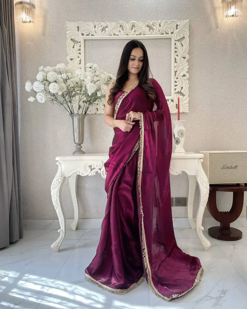 Wine ready to wear fendy satin saree designed with lace border